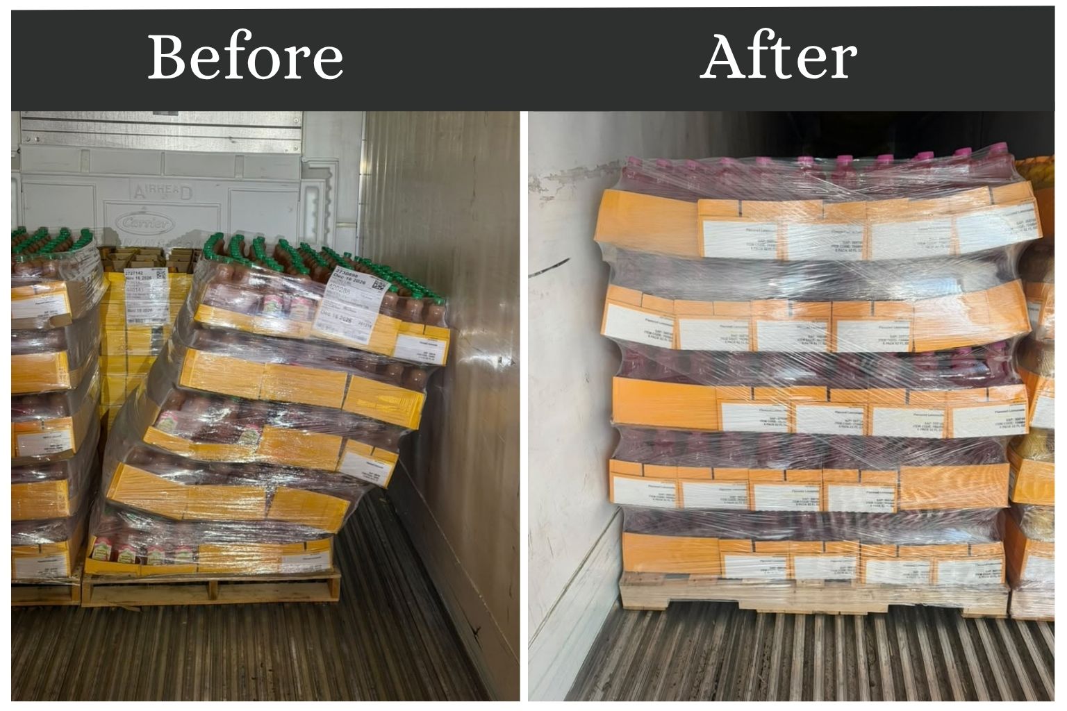 Crew member re-wrapping a rebuilt pallet stack during freight restacking service