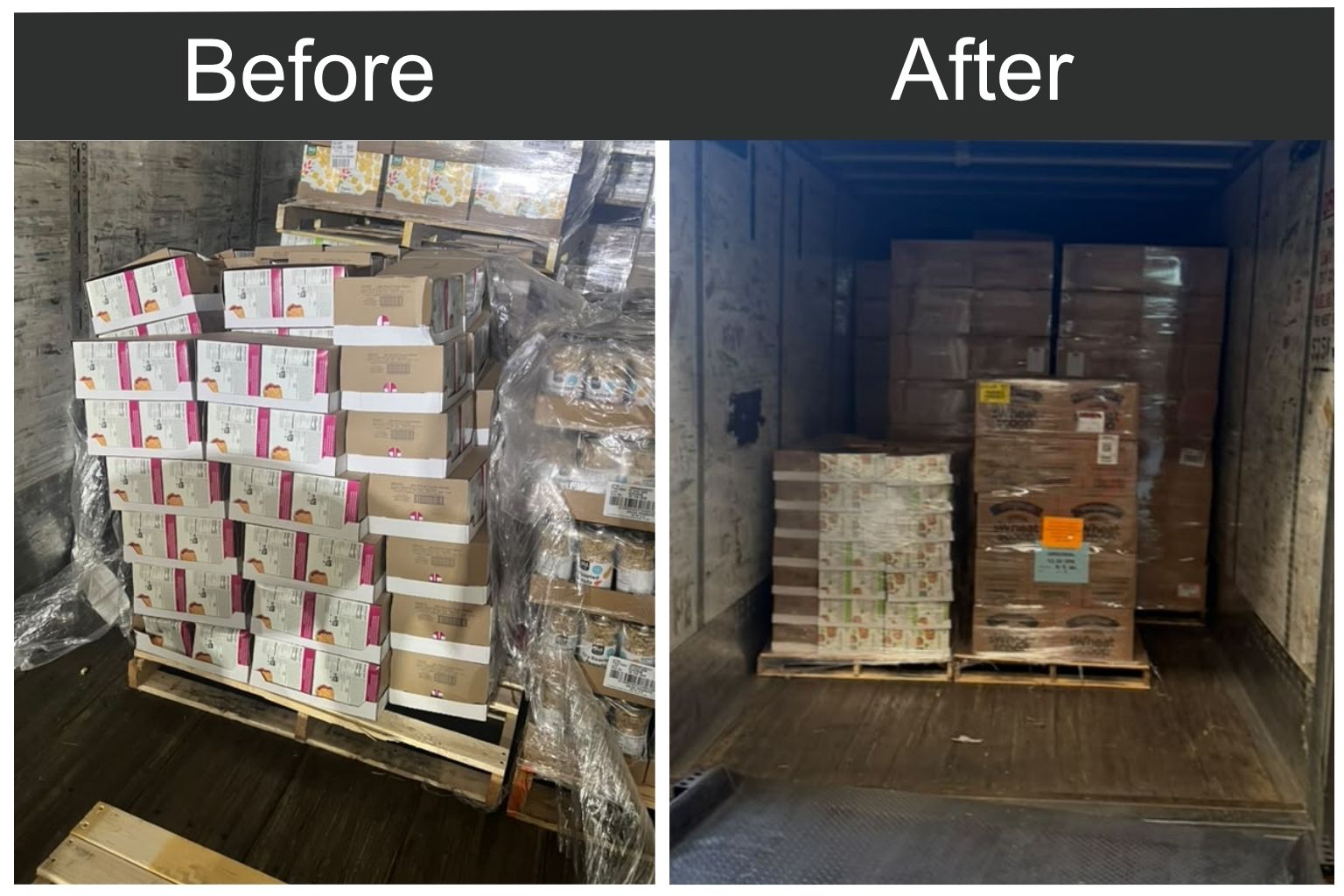 Forklift loading a repalletized pallet back into a trailer after freight rework in Fontana