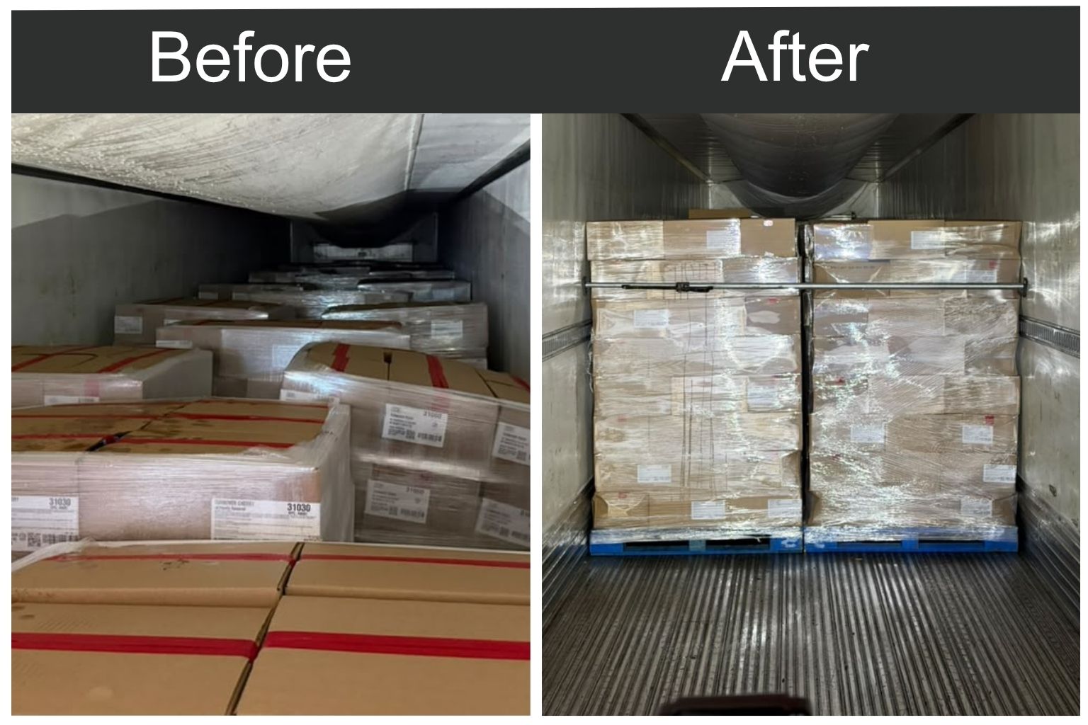 Shifted and damaged freight before restacking rework in Fontana, CA