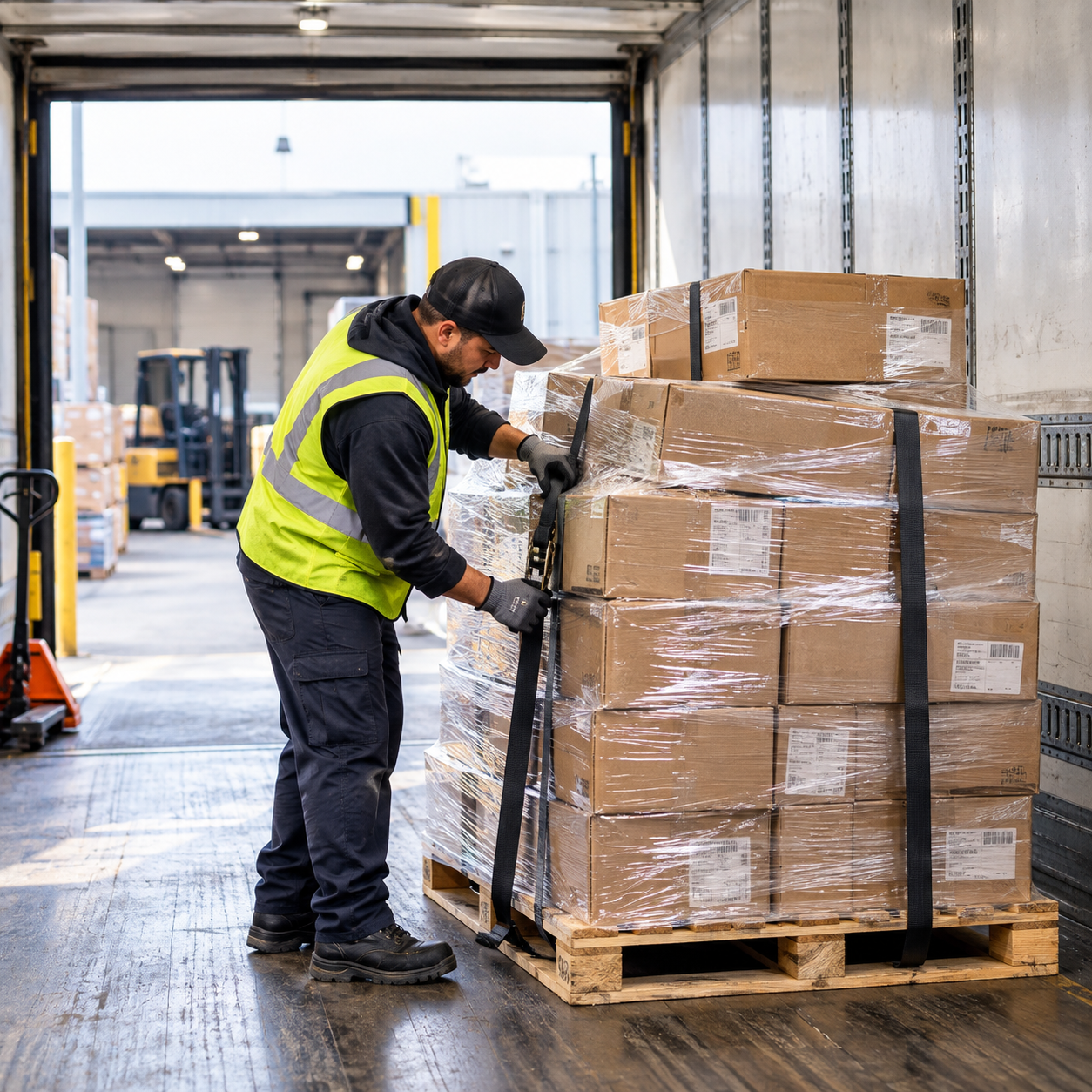 Worker inspecting and re-strapping a shifted pallet before freight restacking in Fontana, CA