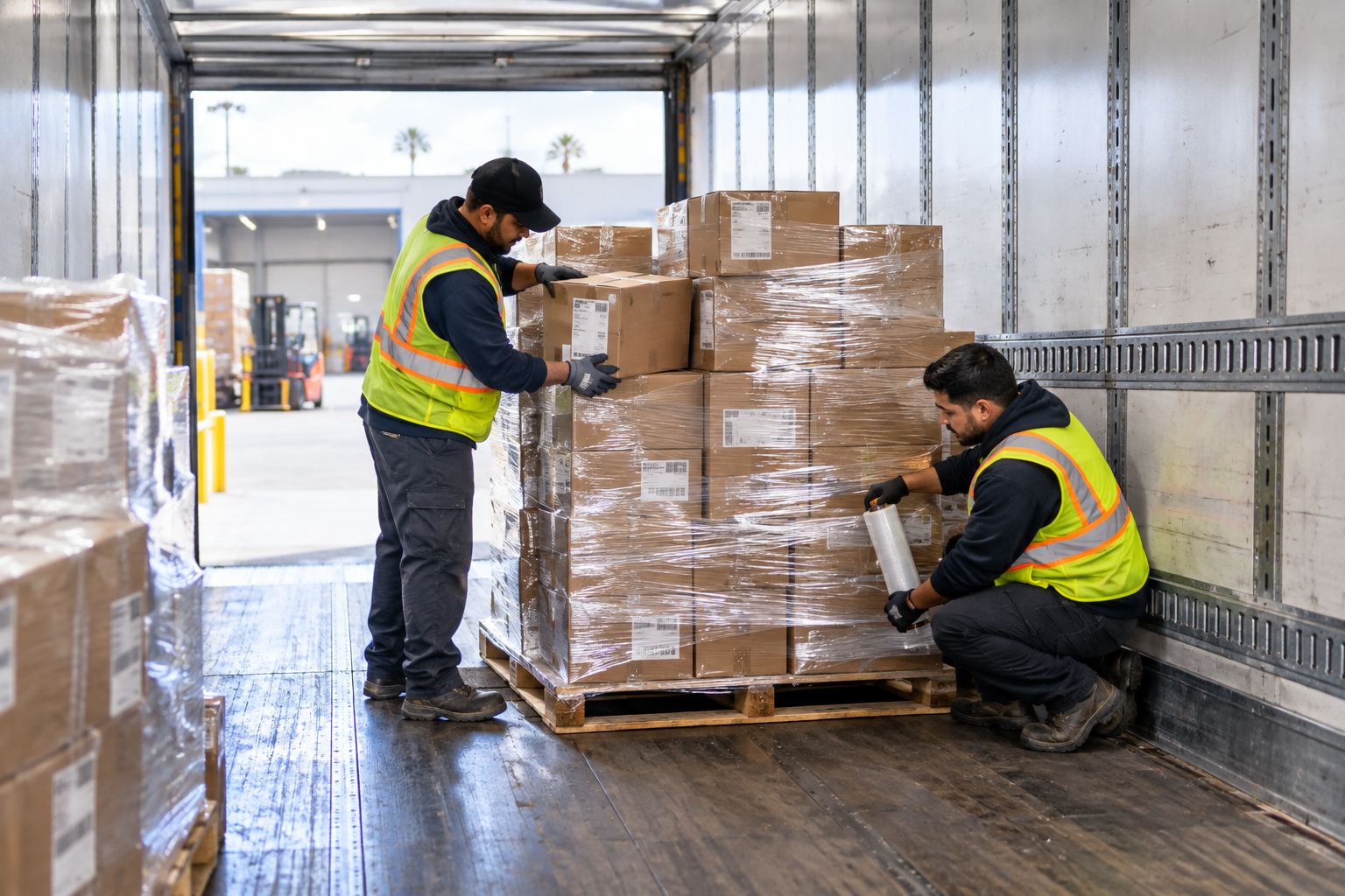 Freight restacking crew reworking a shifted pallet load inside a trailer in Fontana, CA